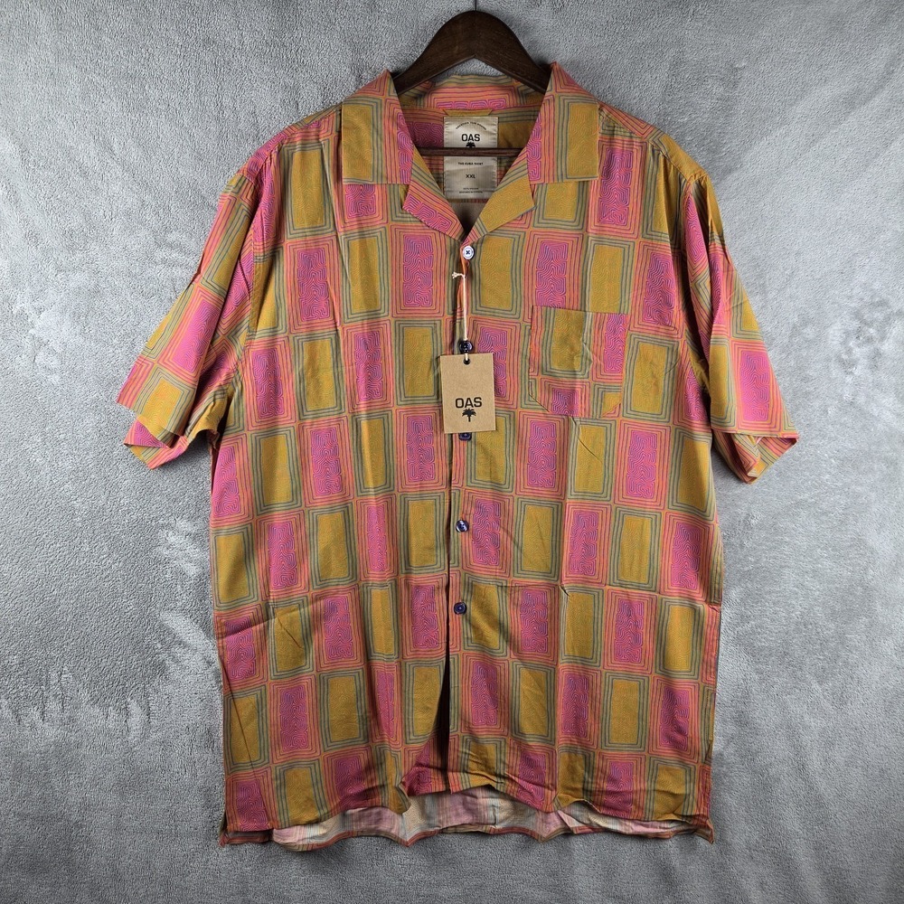 NWT OAS The Cuba Eldo Shirt Button Down Mens 2XL Green Orange Viscose Camp